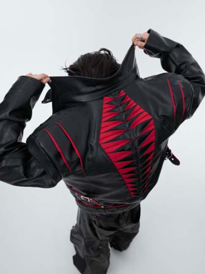 【24s Sep.】Pleated Spine Graphic Cropped Leather Biker Jacket-IYAMIUIO
