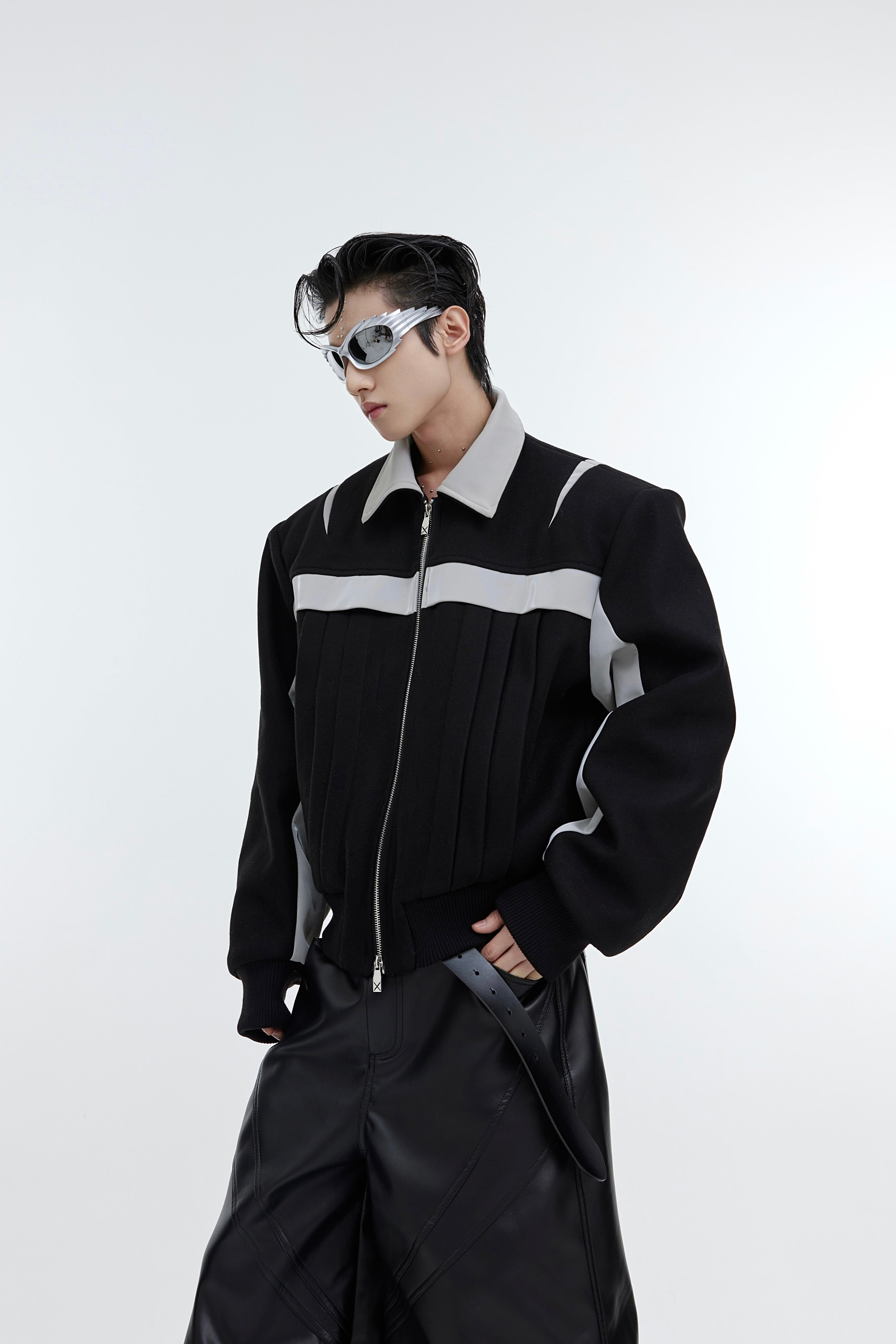 【23s November.】Deconstructed Split Glossy PU Leather Patchwork Woolen Jacket-IYAMIUIO