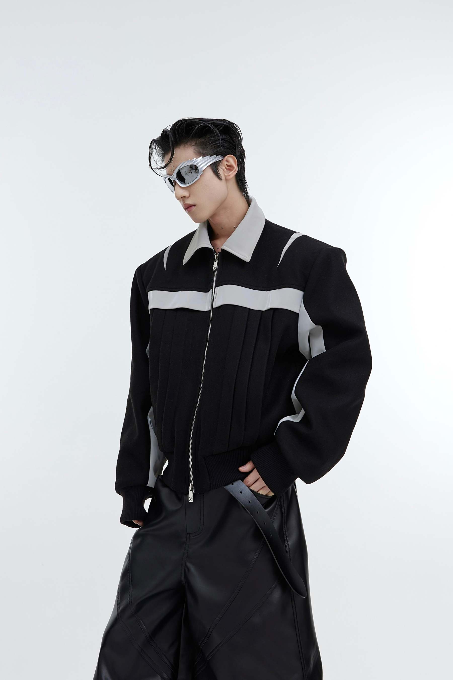 【23s November.】Deconstructed Split Glossy PU Leather Patchwork Woolen Jacket-IYAMIUIO