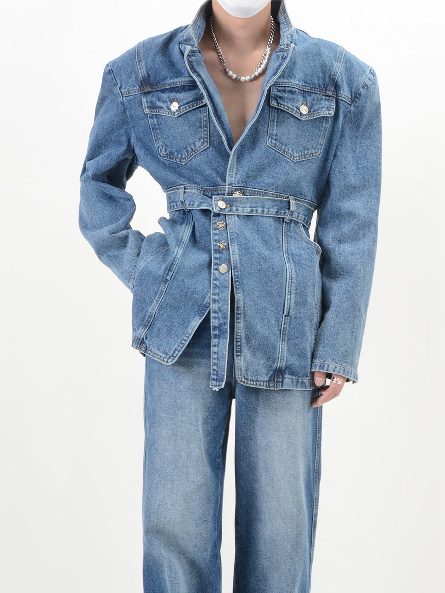 【23s November.】V-neck Denim Jacket with Cinched Waist-IYAMIUIO
