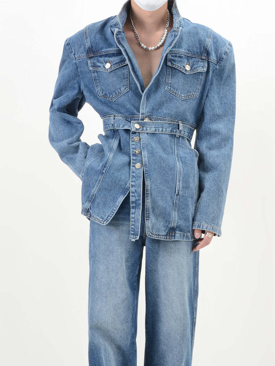 【23s November.】V-neck Denim Jacket with Cinched Waist-IYAMIUIO