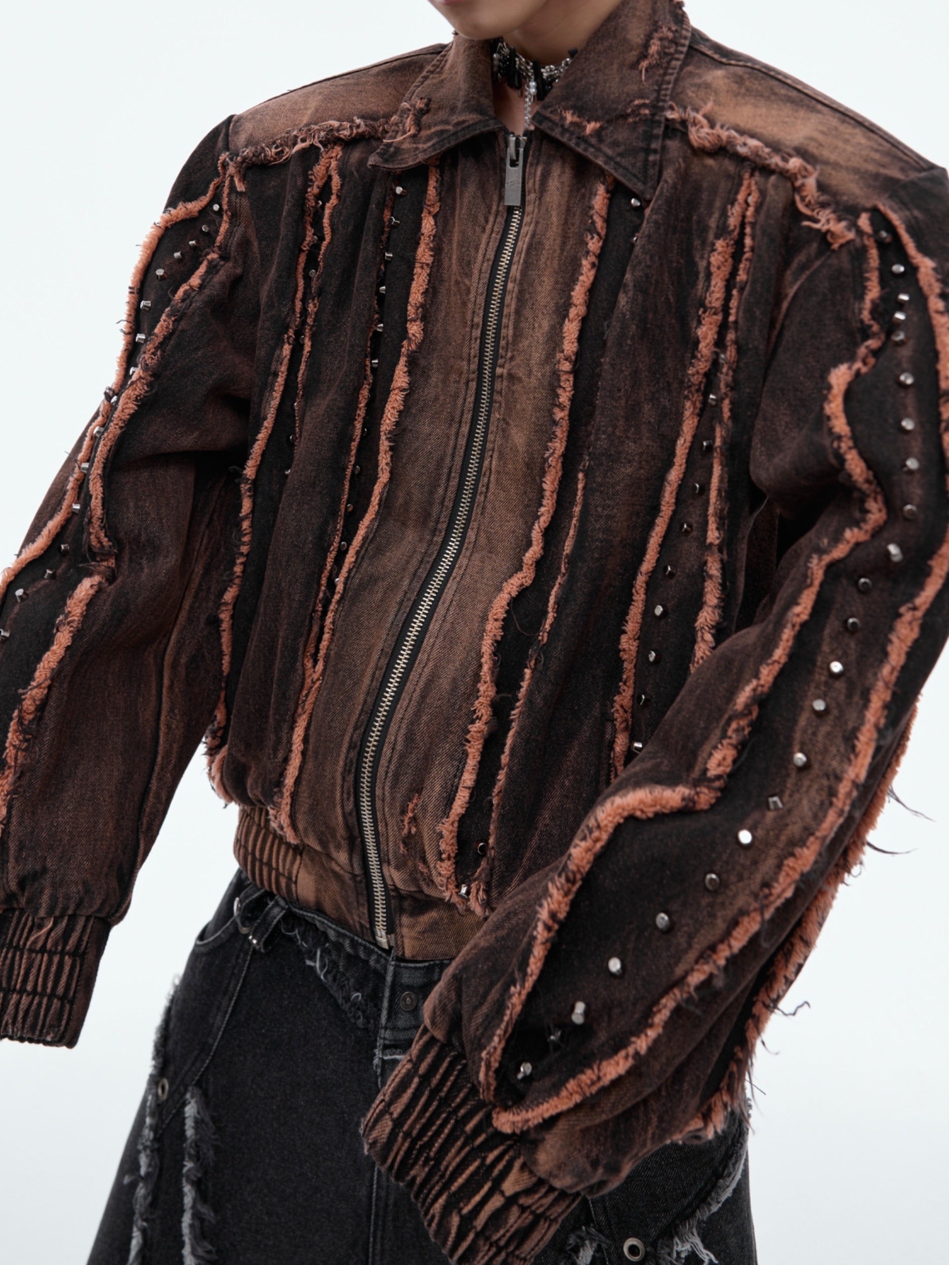 【24s Sep.】Vintage Distressed Metal Rivet Fringe Denim Jacket-IYAMIUIO