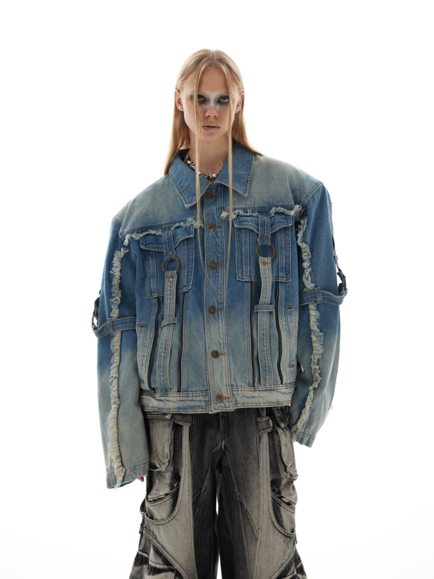 【24s Oct.】Distressed Raw Edge Deconstructed Web Denim Jacket-IYAMIUIO