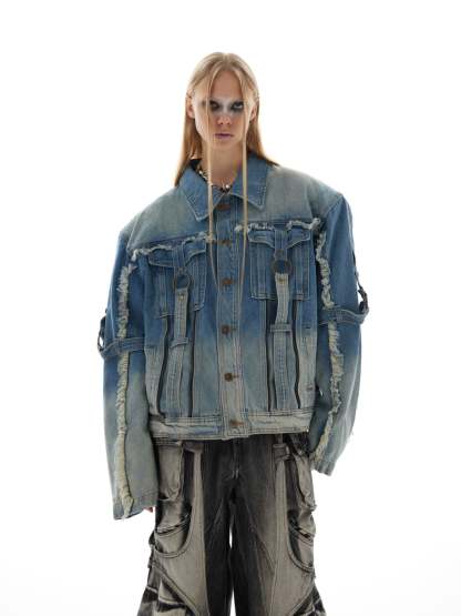 【24s Oct.】Distressed Raw Edge Deconstructed Web Denim Jacket-IYAMIUIO