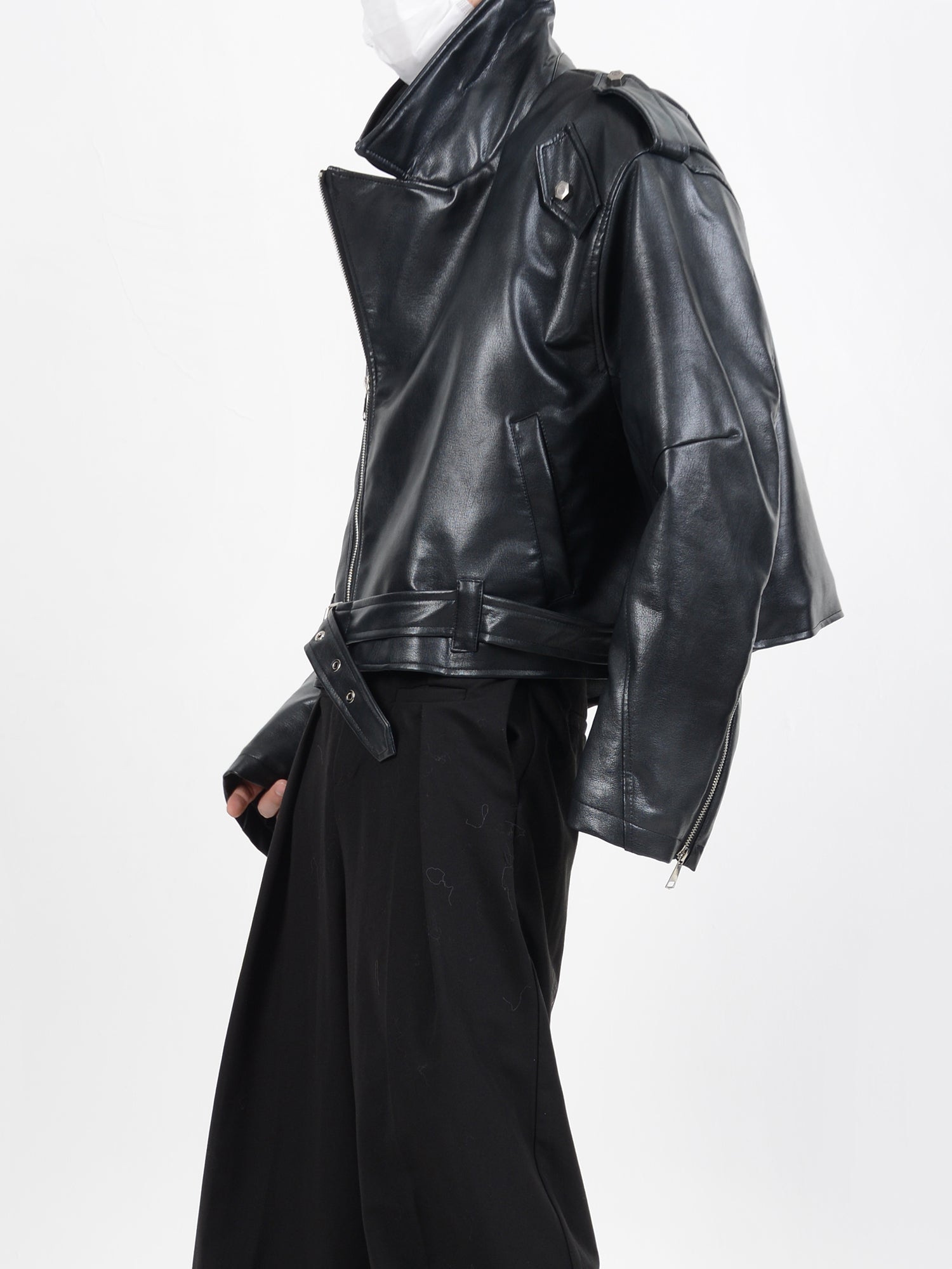 【24s January.】Deconstructed Diagonal Zipper Pu Leather Jacket-IYAMIUIO