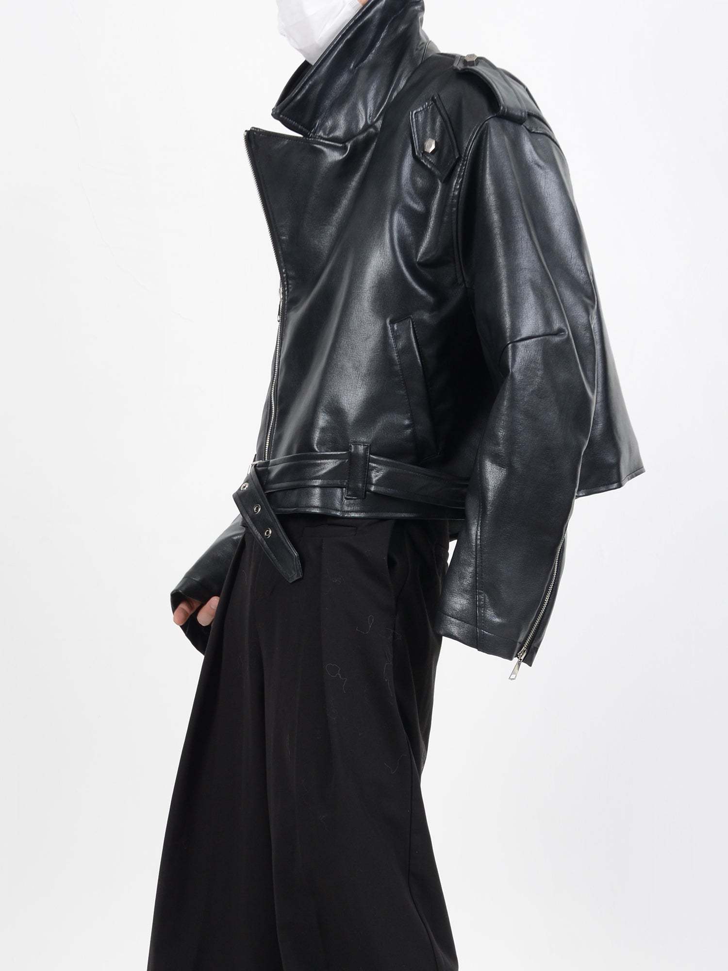 【24s January.】Deconstructed Diagonal Zipper Pu Leather Jacket-IYAMIUIO