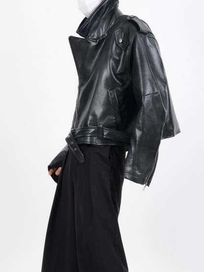 【24s January.】Deconstructed Diagonal Zipper Pu Leather Jacket-IYAMIUIO