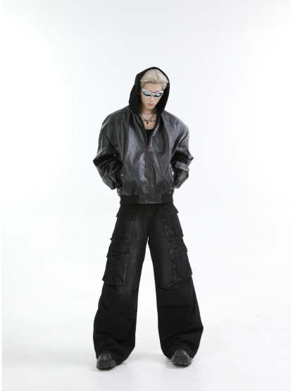 【24s Oct.】Versatile Heavy-Duty Patchwork Hooded Leather Jacket-IYAMIUIO