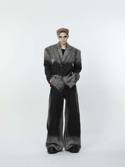 【24s March.】Black and Gray Gradient Distressed Denim Suit-IYAMIUIO