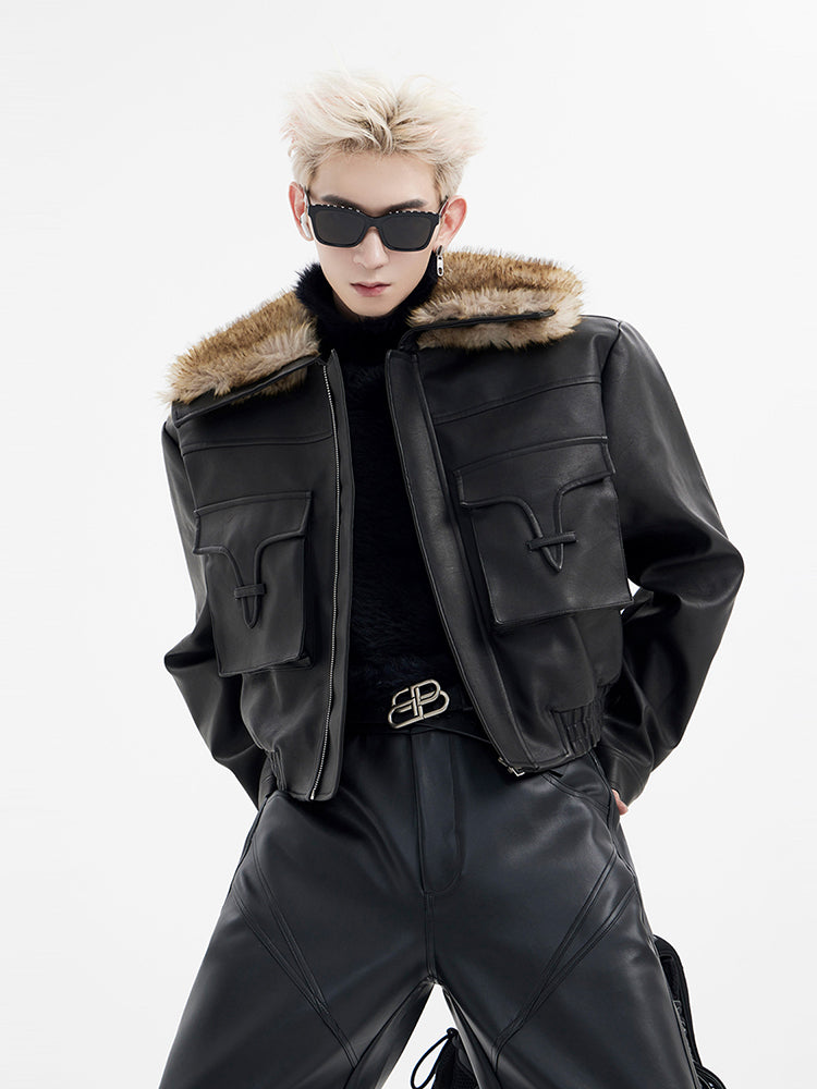【24s January.】Ultra Short Pocket Leather Biker Fur Collar Jacket-IYAMIUIO
