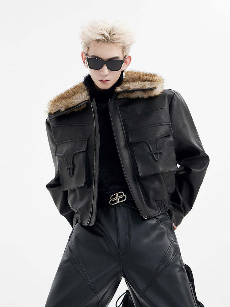 【24s January.】Ultra Short Pocket Leather Biker Fur Collar Jacket-IYAMIUIO