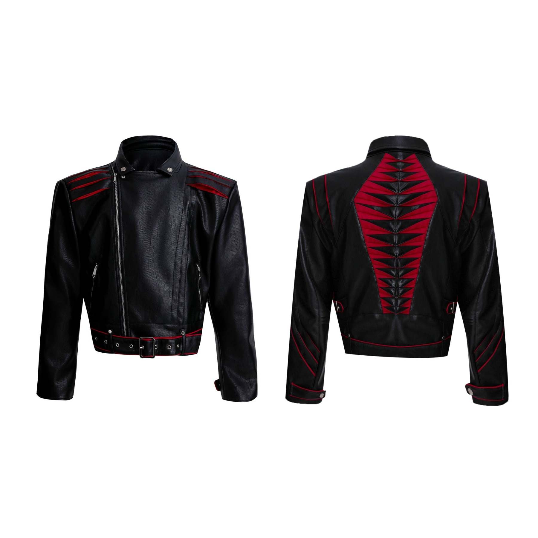 【24s Sep.】Pleated Spine Graphic Cropped Leather Biker Jacket-IYAMIUIO