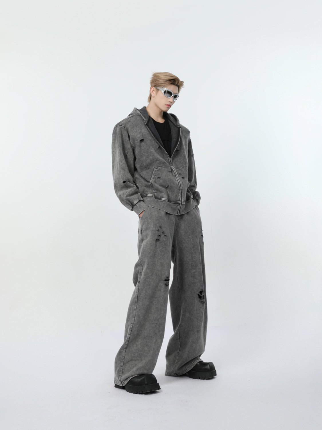 【24s March.】Destroyed Washed Distressed Hooded Cardigan Baggy Pants Suit-IYAMIUIO