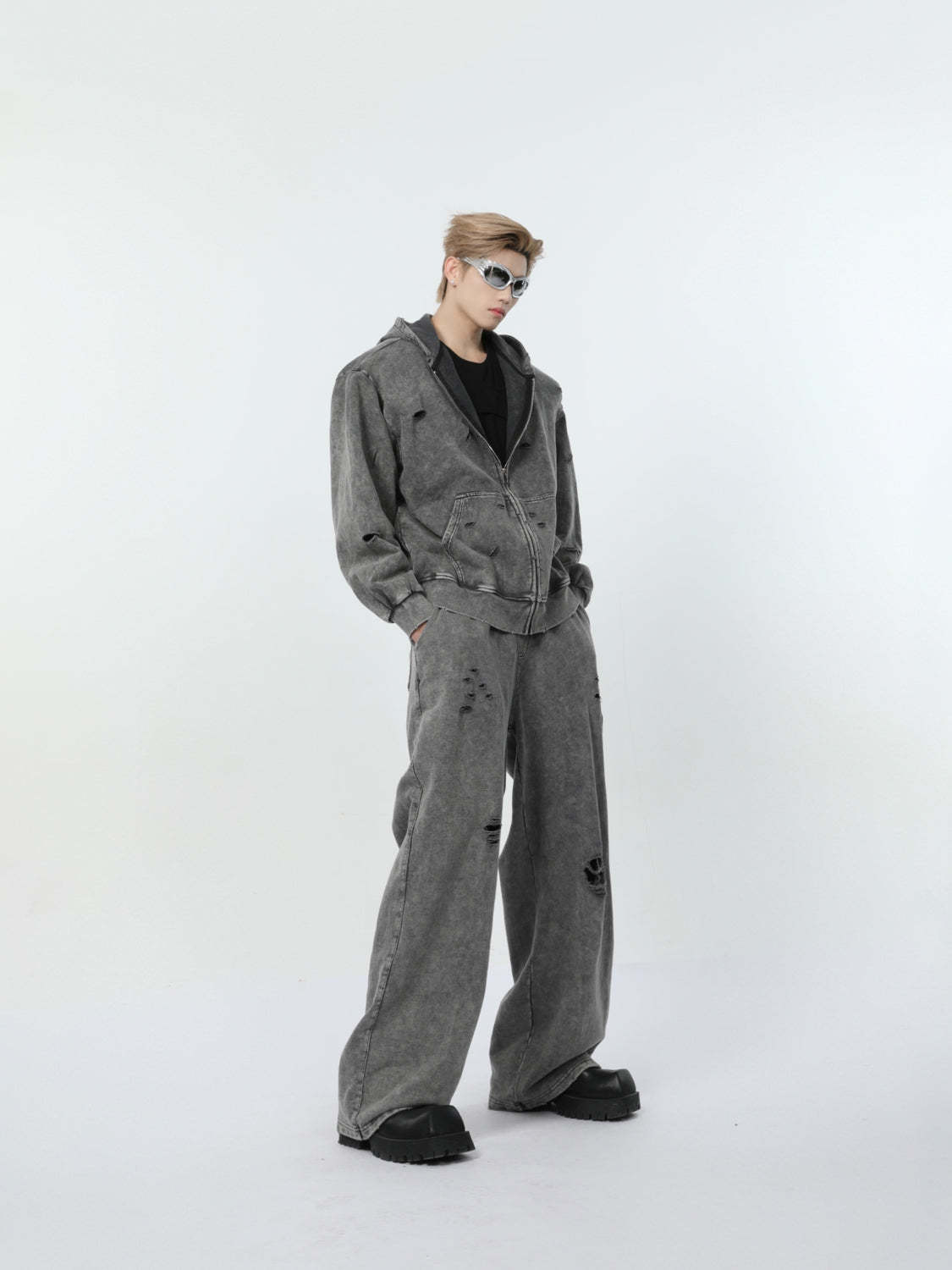 【24s March.】Destroyed Washed Distressed Hooded Cardigan Baggy Pants Suit-IYAMIUIO