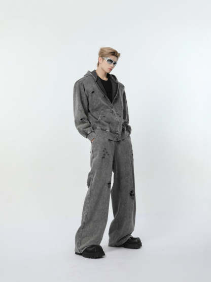 【24s March.】Destroyed Washed Distressed Hooded Cardigan Baggy Pants Suit-IYAMIUIO