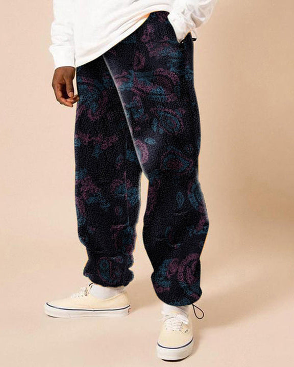 Autumn and winter fashion trend skateboard sports polar fleece trousers cashew flower men's long casual pants-IYAMIUIO