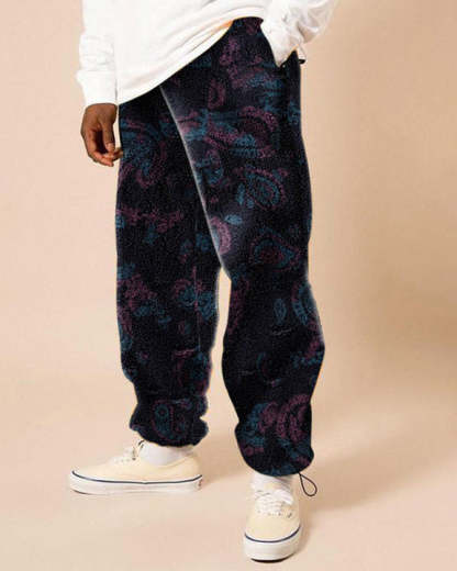 Autumn and winter fashion trend skateboard sports polar fleece trousers cashew flower men's long casual pants-IYAMIUIO
