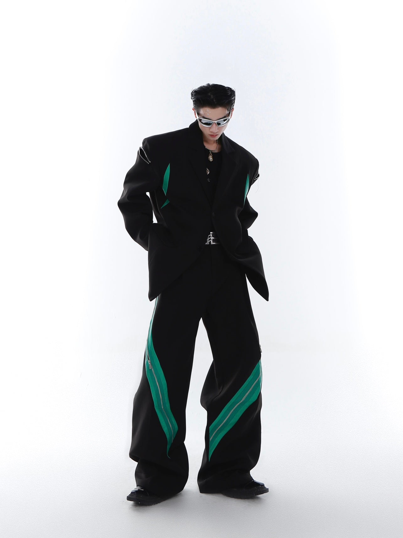 Zipper Contrast Color Stitching Trousers-IYAMIUIO