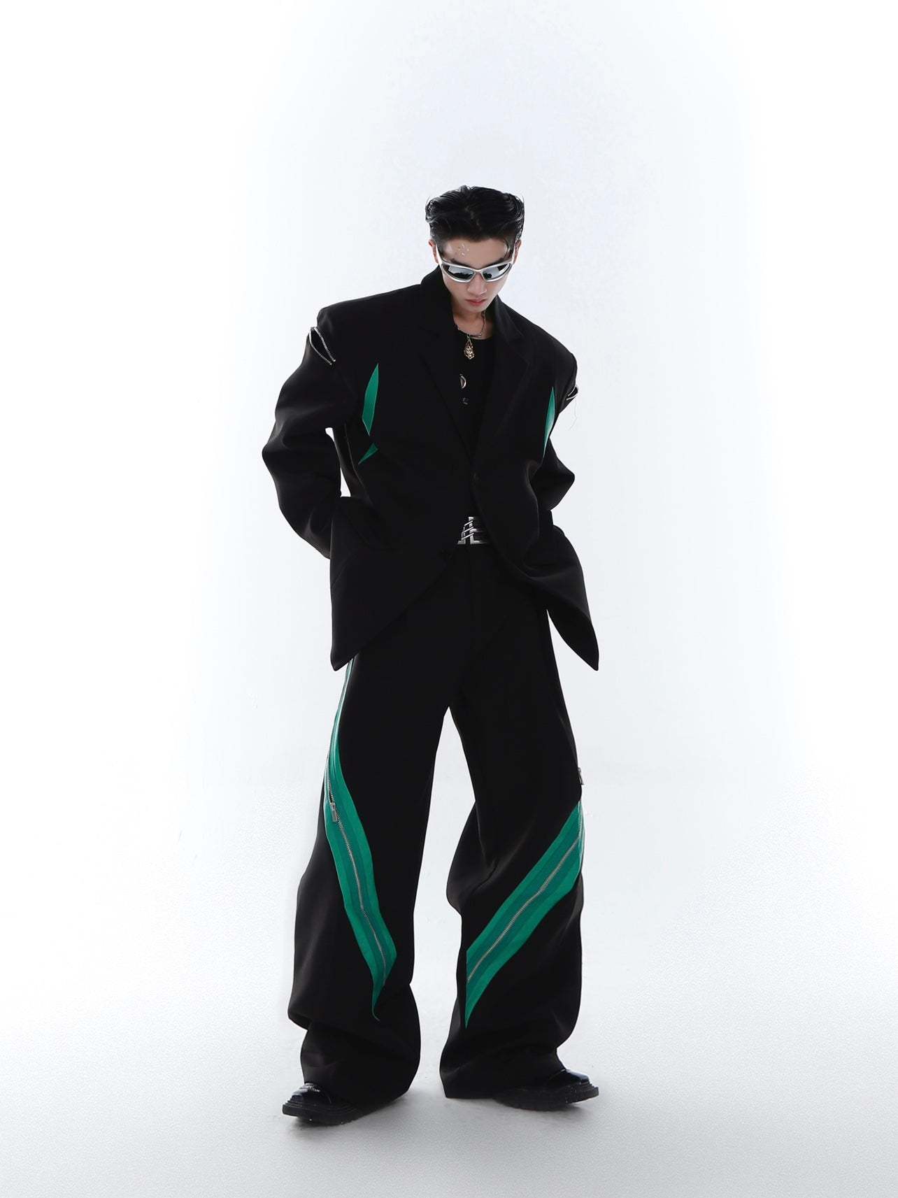 Zipper Contrast Color Stitching Trousers-IYAMIUIO