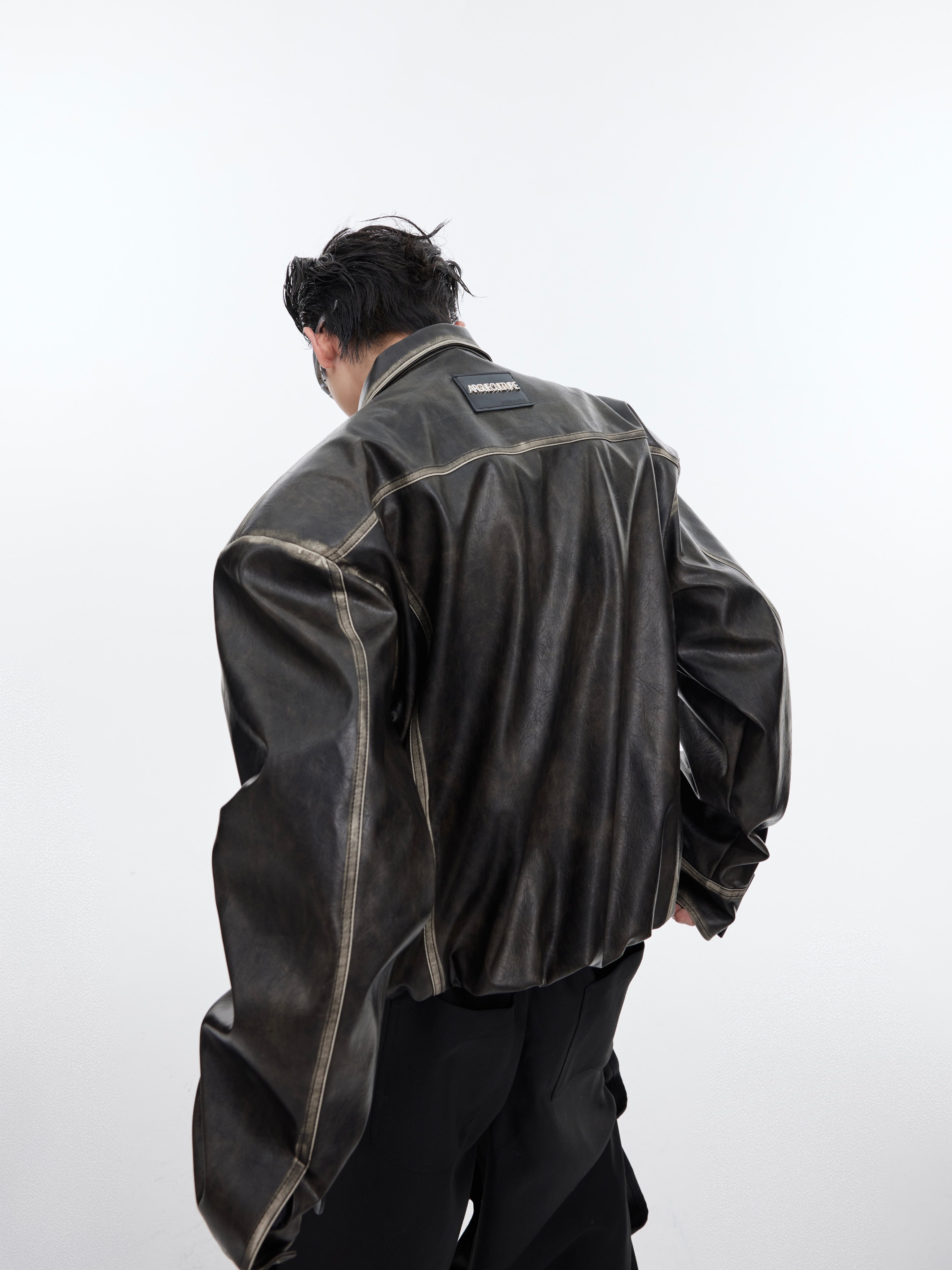 【24s February.】Retro Distressed Leather Jacket with Shoulder Pads-IYAMIUIO