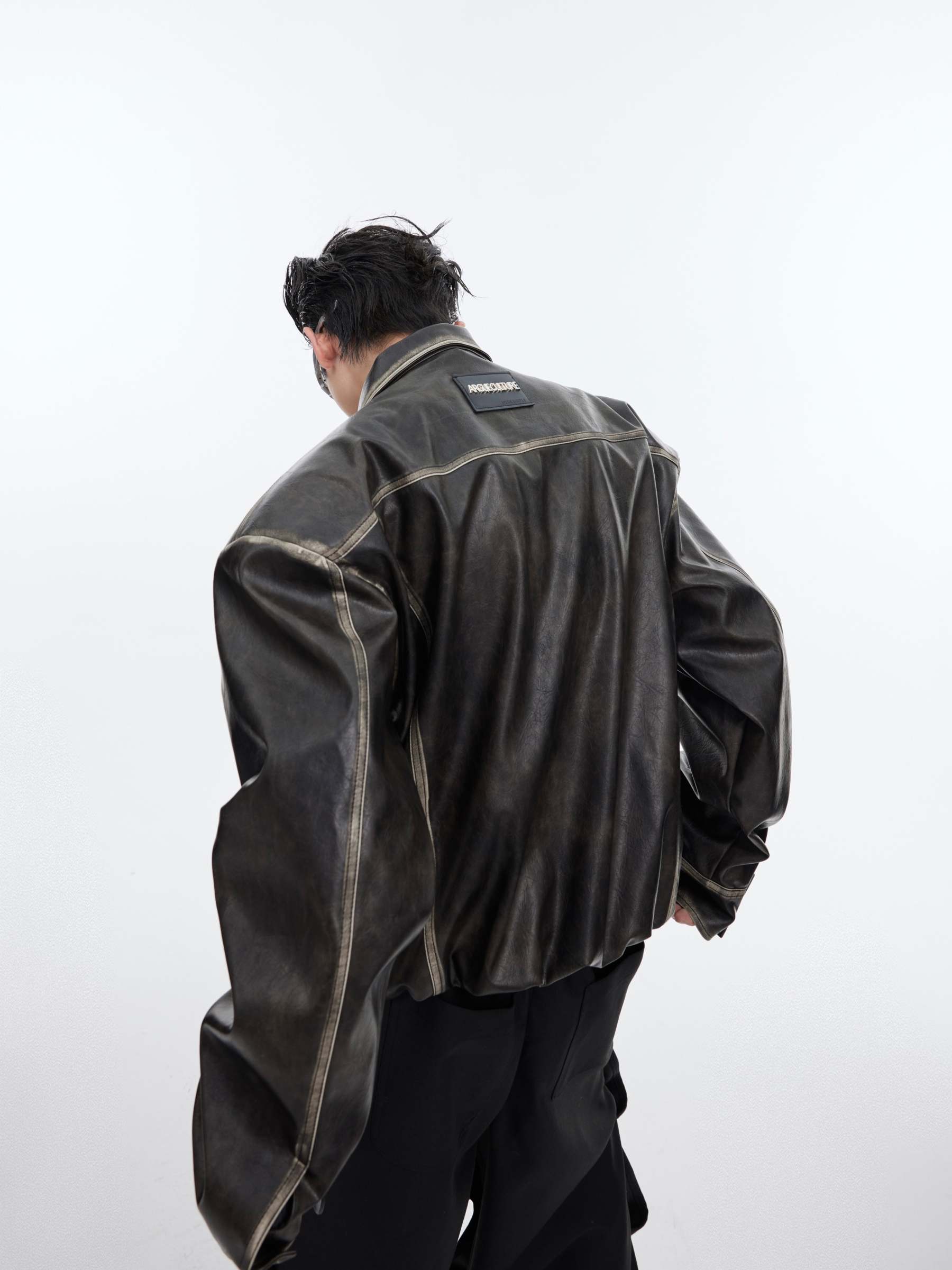 【24s February.】Retro Distressed Leather Jacket with Shoulder Pads-IYAMIUIO