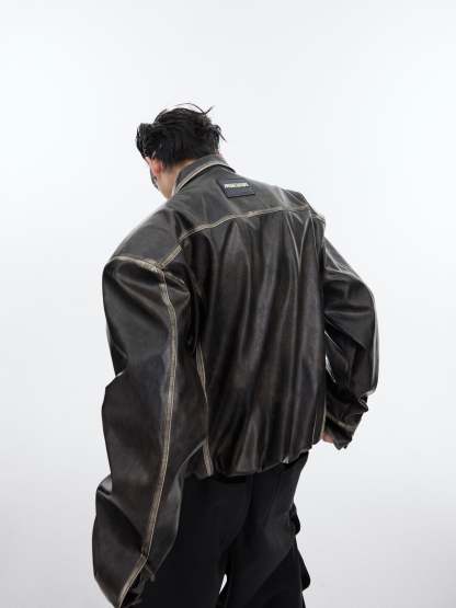 【24s February.】Retro Distressed Leather Jacket with Shoulder Pads-IYAMIUIO