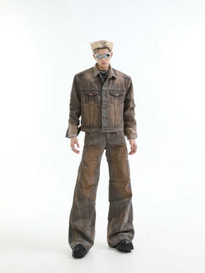 【24s Aug.】Mud-dyed Distressed Denim Shoulder Pad Jacket and Jeans Set-IYAMIUIO