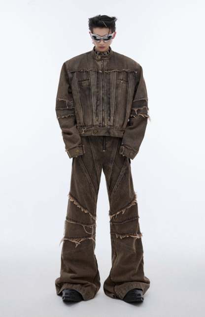 【24s Sep.】Metal Tassel Distressed Washed Denim Suit-IYAMIUIO