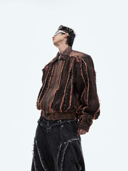 【24s Sep.】Vintage Distressed Metal Rivet Fringe Denim Jacket-IYAMIUIO