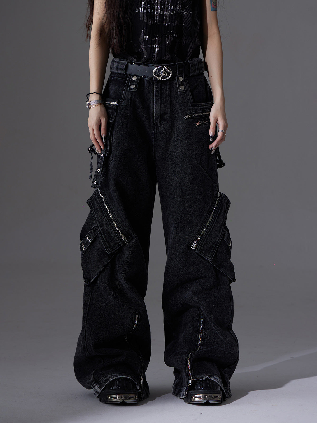 【24s June.】Patchwork Multi-pocket Cargo Jeans-IYAMIUIO