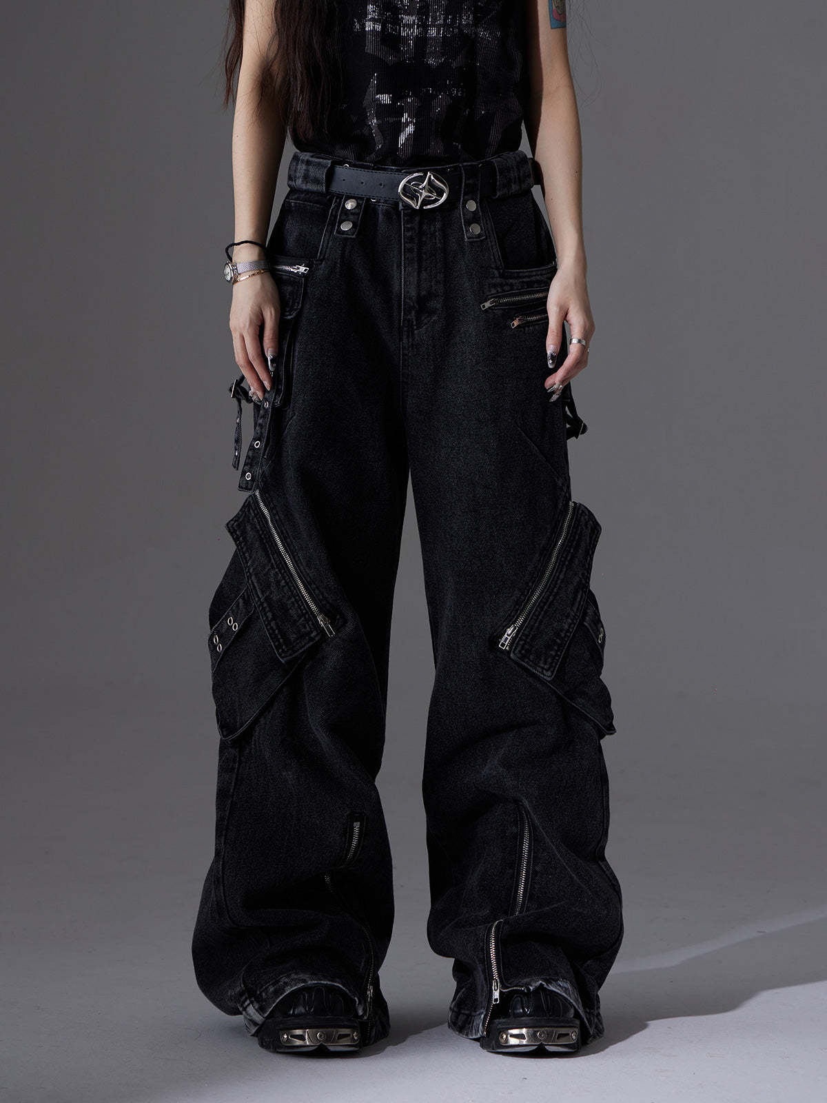 【24s June.】Patchwork Multi-pocket Cargo Jeans-IYAMIUIO