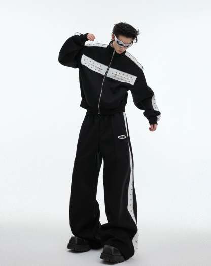 【24s Oct.】Metal Rivet Casual Silhouette Short Hoodie + Casual Pants-IYAMIUIO