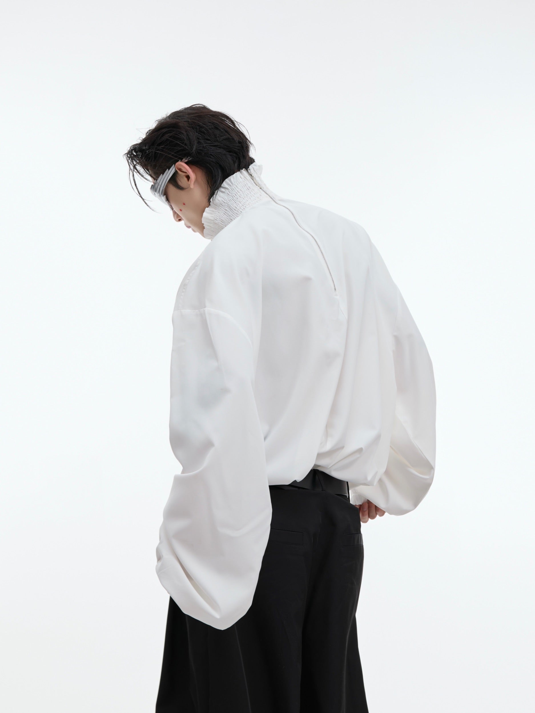 【24s Oct.】High Collar Pleated Loose Lace Shirt-IYAMIUIO