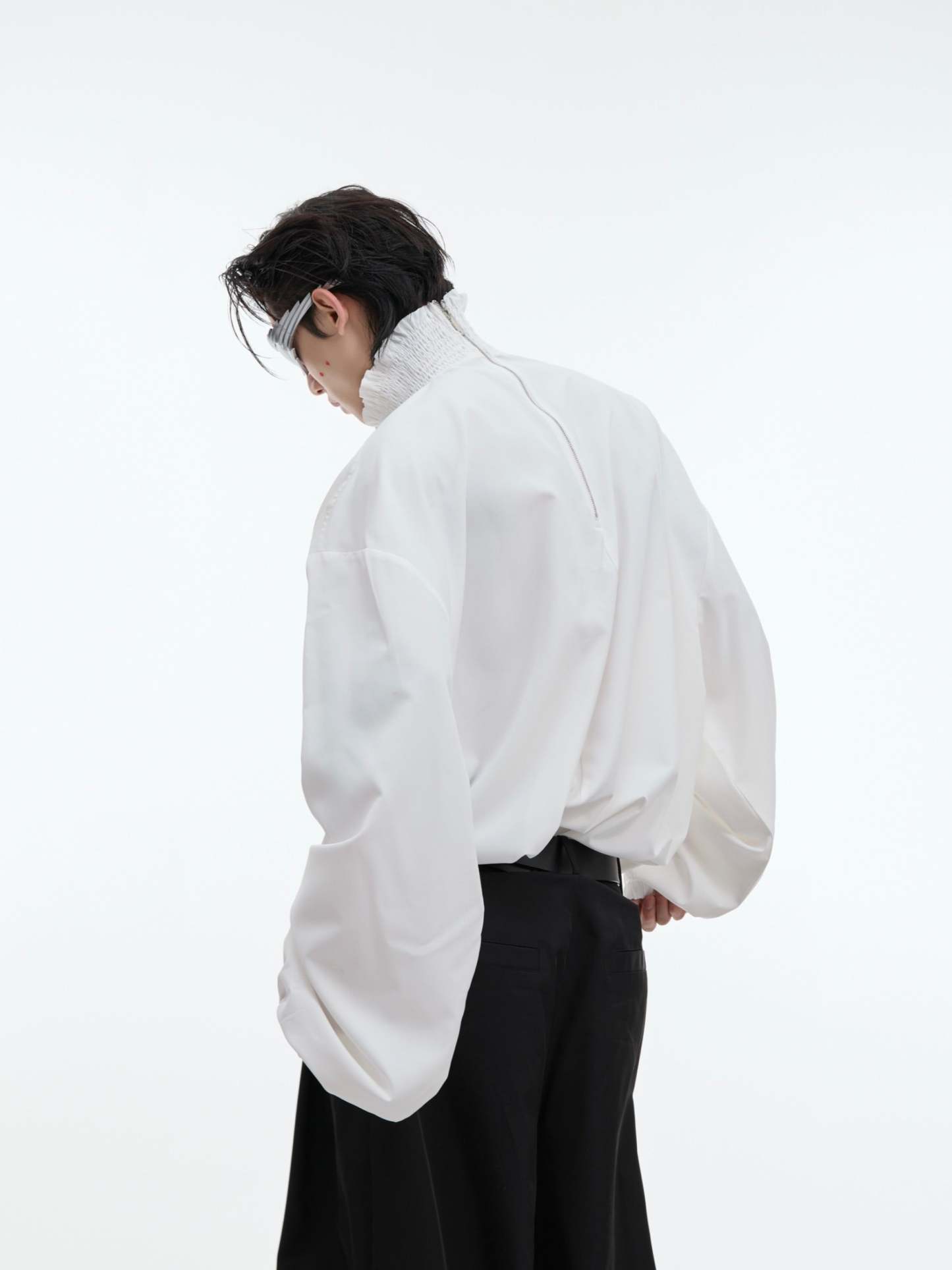 【24s Oct.】High Collar Pleated Loose Lace Shirt-IYAMIUIO