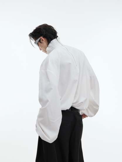 【24s Oct.】High Collar Pleated Loose Lace Shirt-IYAMIUIO