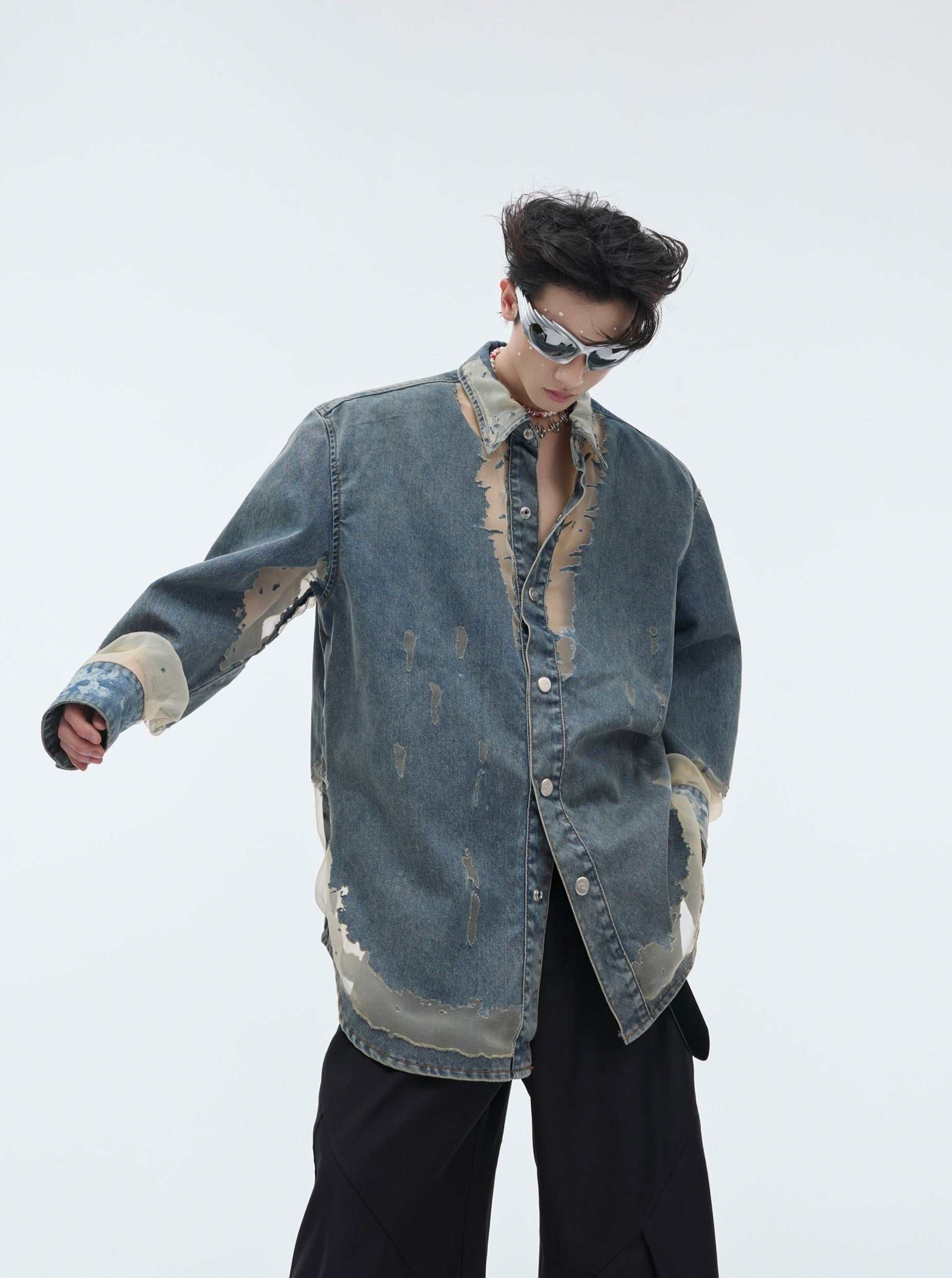 【24s April.】Mesh Hollow Design Denim Shirt-IYAMIUIO