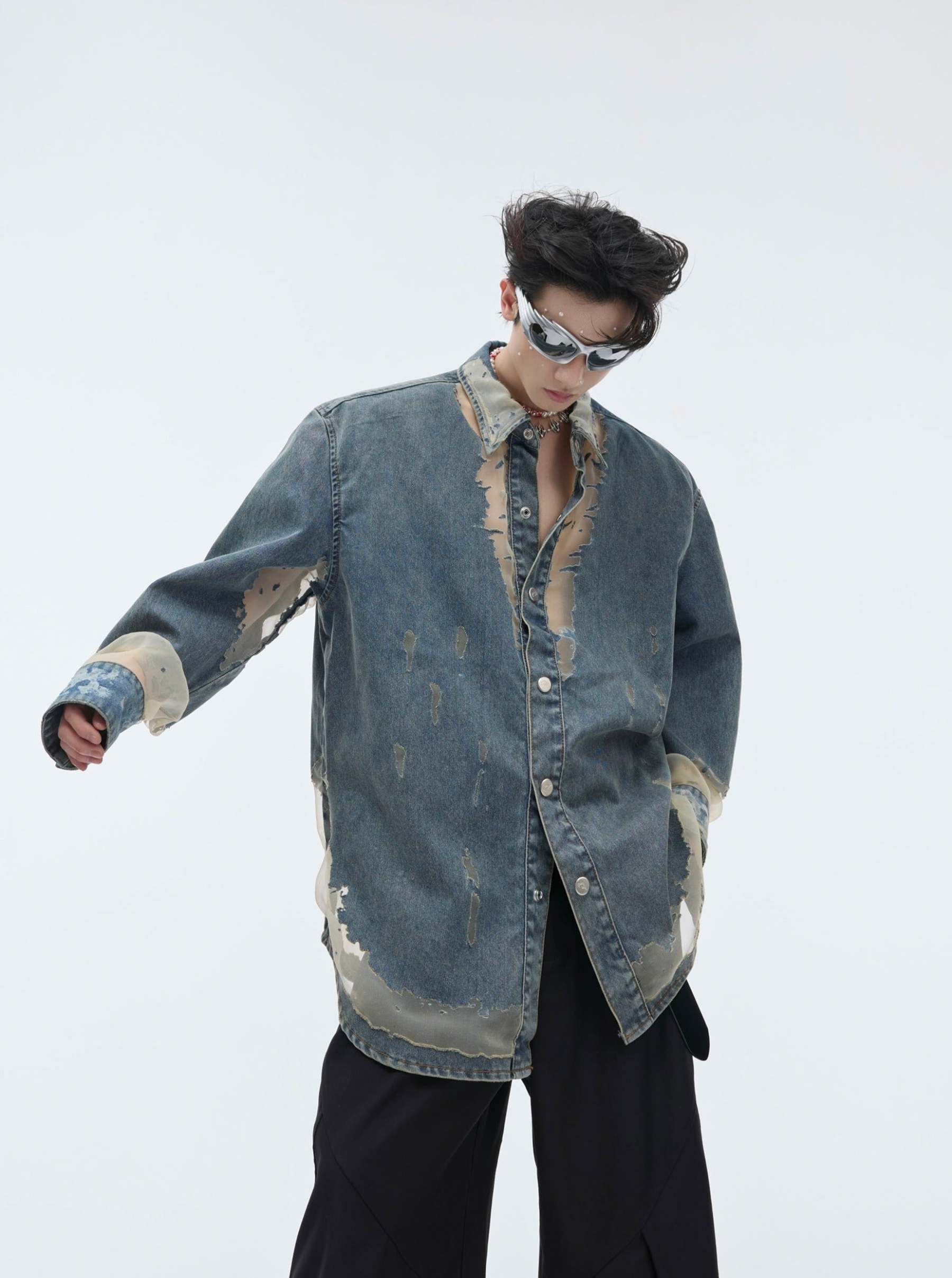 【24s April.】Mesh Hollow Design Denim Shirt-IYAMIUIO