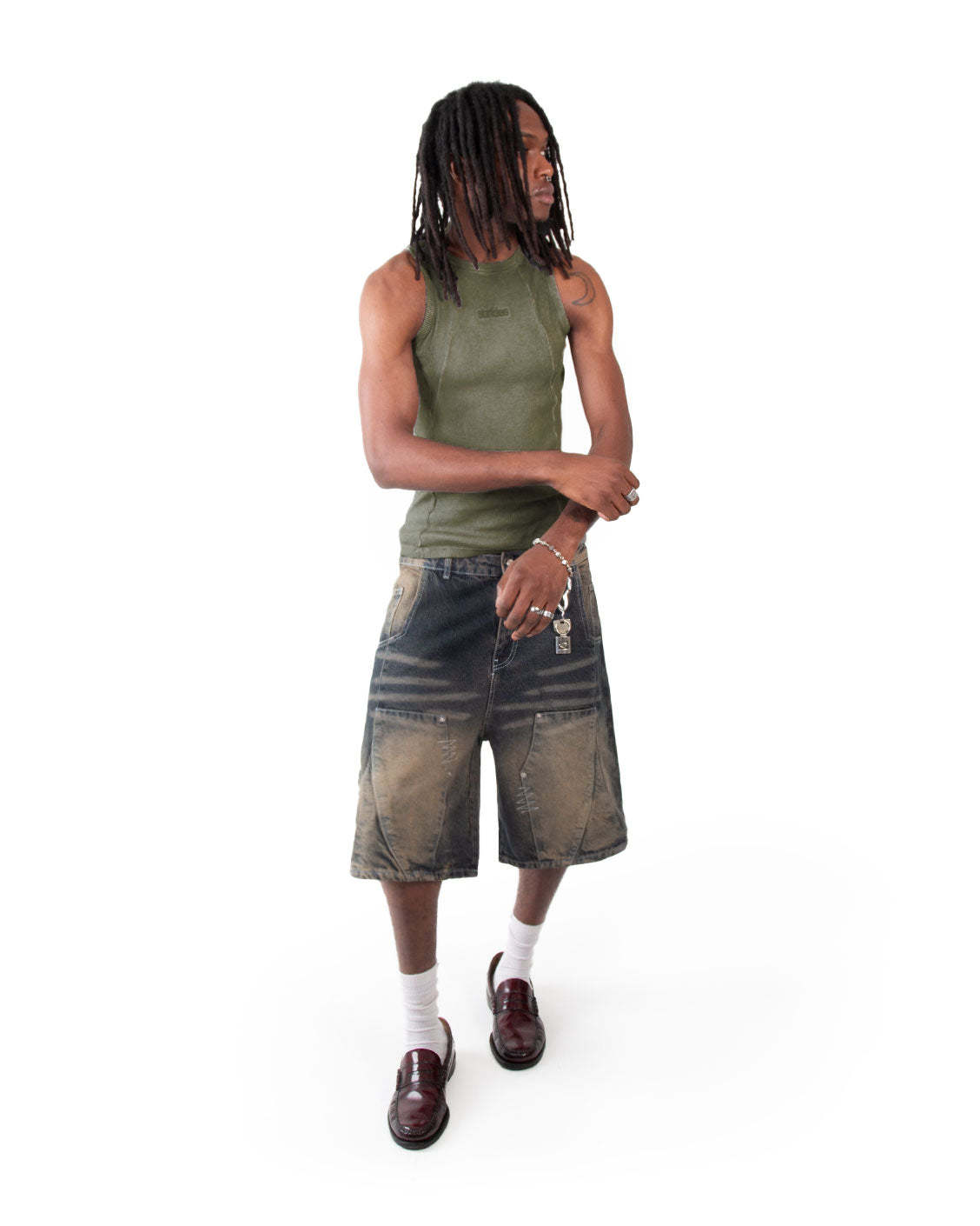 Line Tank Top Olive Oil Wash-IYAMIUIO