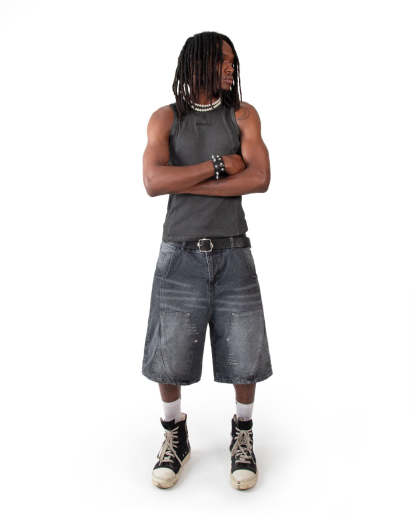 Line Tank Top Black Oil Wash-IYAMIUIO