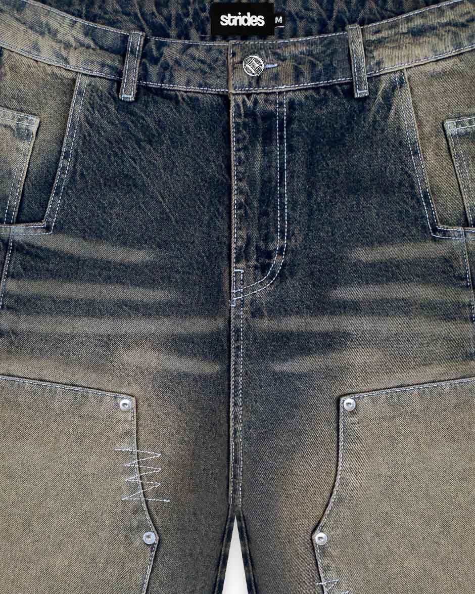 Carpenter Split Jorts Dark Blue Yellow-IYAMIUIO