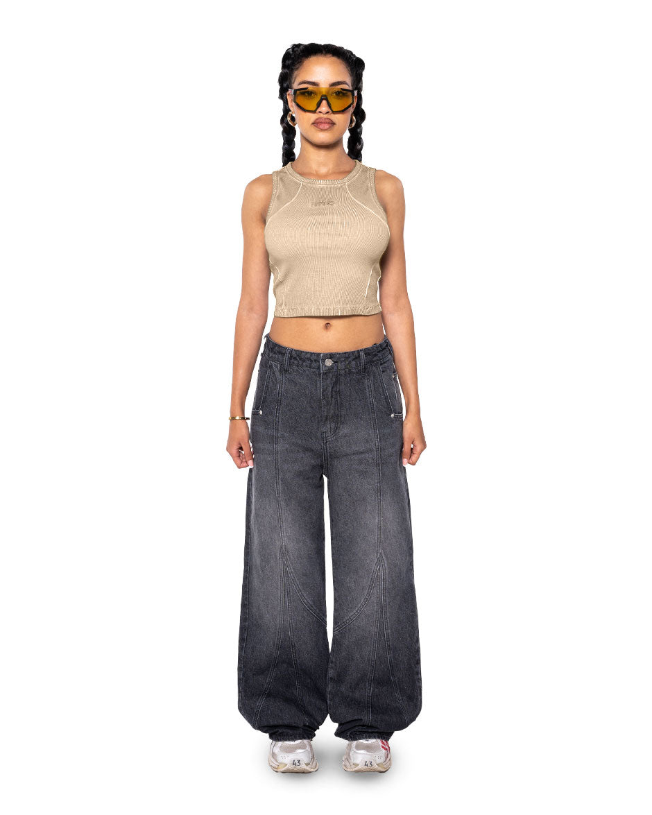 Curve Crop Top Beige Oil Wash-IYAMIUIO