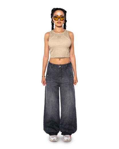 Curve Crop Top Beige Oil Wash-IYAMIUIO