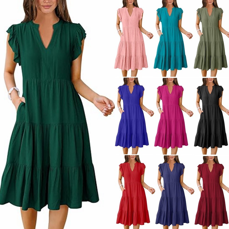 Summer Ruffle Sleeve V Neck Midi Dress