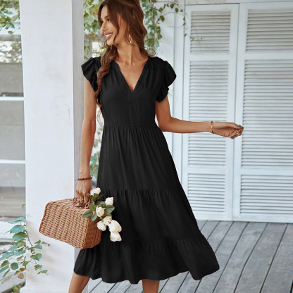 Summer Ruffle Sleeve V Neck Midi Dress