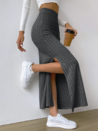 High-waisted Side Slit Knit Bustier Skirt