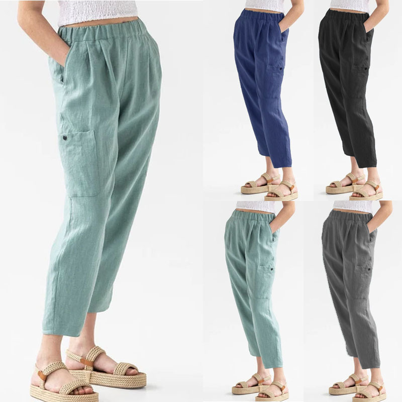 Oversized Pants High-waisted buttoned cotton hemp pants nine-point pants wide-legged