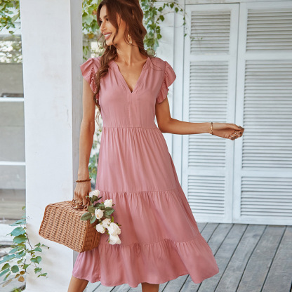 Summer Ruffle Sleeve V Neck Midi Dress