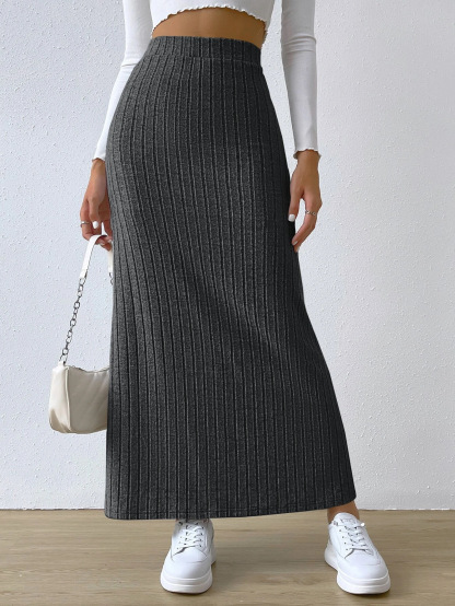 High-waisted Side Slit Knit Bustier Skirt