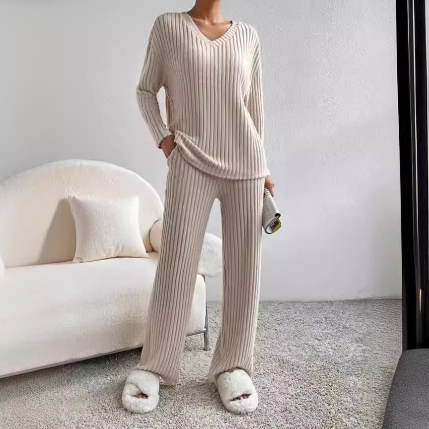 Casual Straight Leg Pants Loose V-Neck Knitted Suit