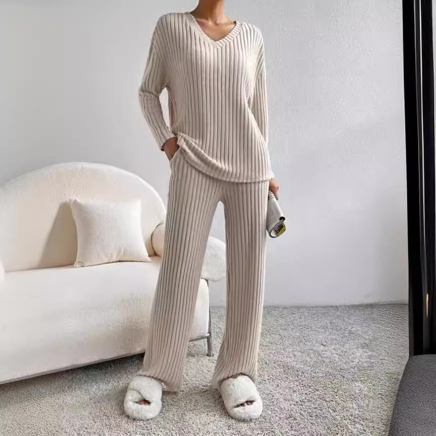 Casual Straight Leg Pants Loose V-Neck Knitted Suit
